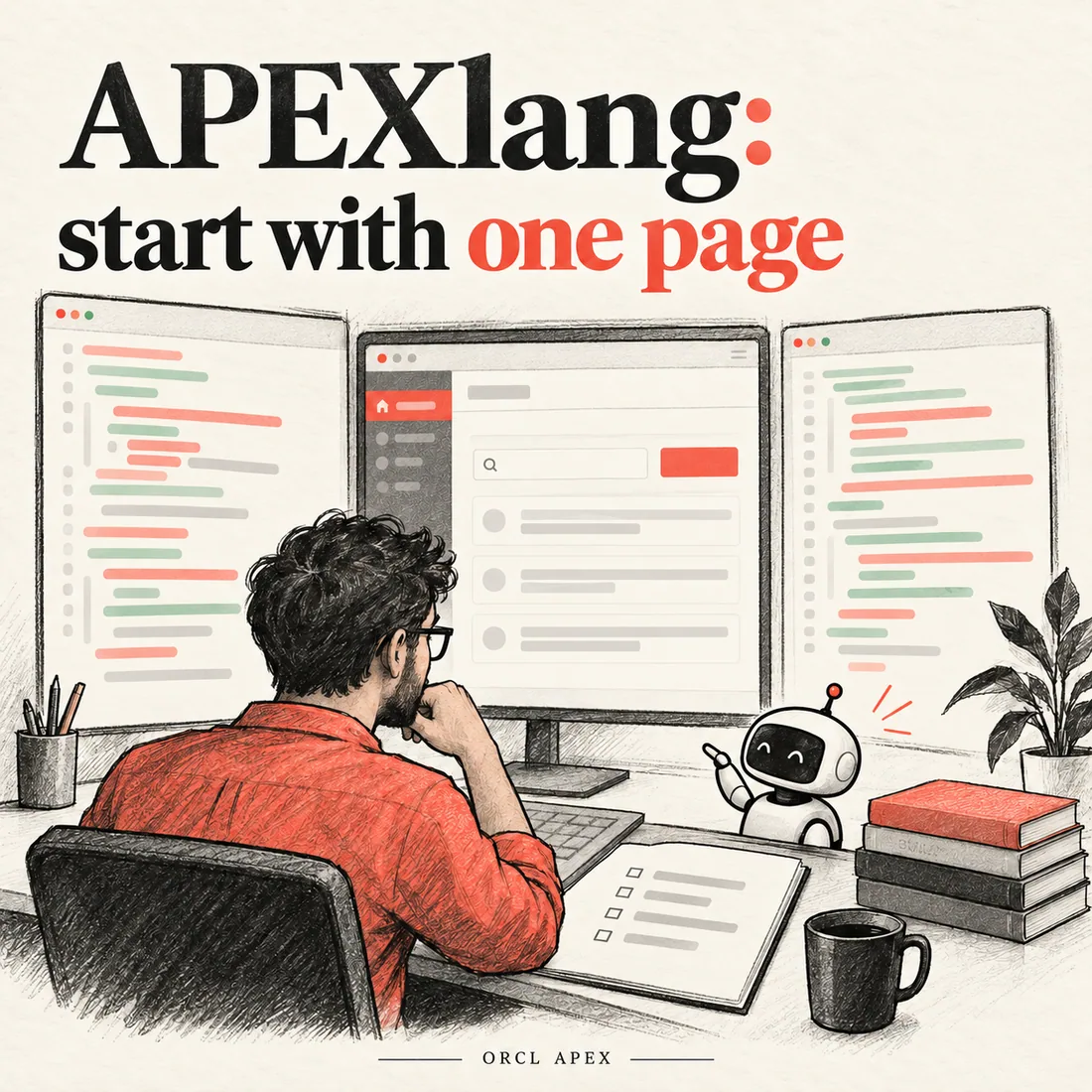 Generated editorial cover showing a developer working on an APEX page in VS Code